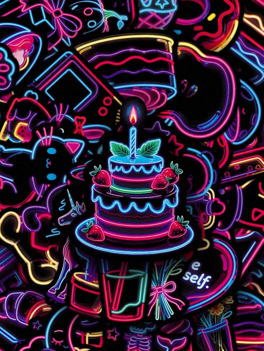 50pcs Mixed Neon Aesthetic Graffiti Sticker Pack, Cartoon Neon Stickers For Scrapbooking, Diary, Waterproof Vinyl Stickers For Water Bottles, Skateboards, Luggage, Laptops, Bumpers, Party Supplies
