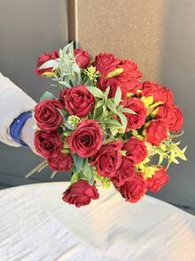 1/3支装12英寸人造玫瑰花束，仿真玫瑰，婚礼花束，新娘及伴娘花束，家居花园，客厅，商场花盒装饰，适用于房间装饰、家居装饰、厨房装饰、婚礼装饰、场景布置、客厅和卧室花瓶摆设 - 紅色 - 查看 4