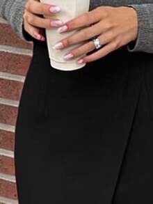 女士黑色高腰修身侧开衩半身裙，性感夜店风长裙，显瘦长裙，日常百搭，春夏款 - 黑色 - 查看 4