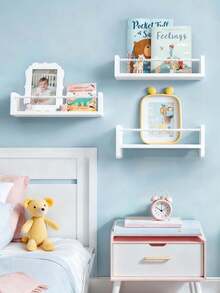 Children's Room Bookshelf Set, 3 Pieces, Natural Wood Wall-Mounted Storage Rack, Suitable For Children's Rooms, Playrooms, Bedrooms And Kitchens. - White - View 3