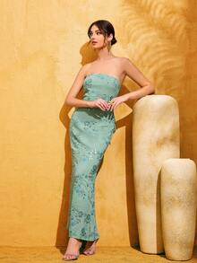 Mint Green Floral Print Sequin Backless Maxi Dress With Bowknot Strap, Evening Gown