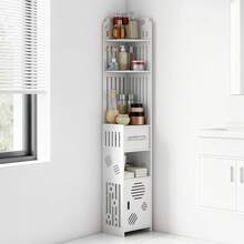 1PC Narrow Corner Bathroom Cabinet - Space-Saving Freestanding Storage Rack With Toilet Paper Holder, PVC Shelf Easy Assembly - Louvered Door - View 6