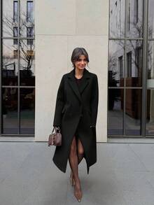 女士优雅翻领时尚通勤休闲羊毛混纺外套，适合新年穿着，黑色春季款 - 黑色 - 查看 4