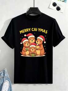 Fröhliche Weihnachten Bärenfamilien-T-Shirt aus hochwertiger Baumwolle, lockere Passform, lässig, bequem, einzigartiger Grafikdruck - Schwarz - Übersicht 2