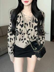 豹纹V领短款针织毛衣，秋冬 - 卡其色 - 查看 4