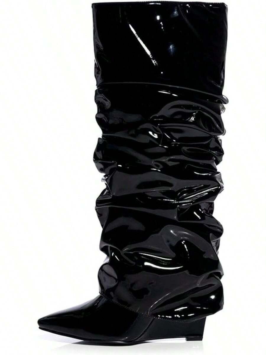 Women's Slouched Ruched Fold Over Boots - Patent Leather Covered Wedge Heel Wide Calf Pointed Toe Knee High Casual Boots - Black Patent Leather - View 1