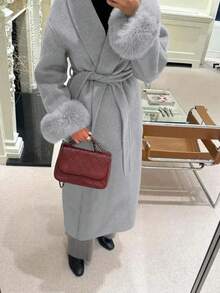 女士新款优雅系带仿毛皮袖外套，高档羊毛质感面料，系带长款大衣，修身显瘦，和服式设计，秋冬款 - 淺灰色 - 查看 4