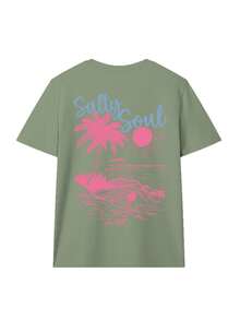 Áo thun nữ SALTY SOUL mùa xuân/hè mới in hình cây dừa và nắng, cổ tròn, tay ngắn, kiểu dáng thường ngày, thời trang, thiết yếu cho kỳ nghỉ. - Cỏ xanh - Xem 4