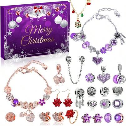 MOVINPE Advent Calendar Charm Bracelet 2025 For Teenage Girls Women, 24 Days Jewelry Necklace Bracelets Making Kit - Christmas Countdown Gifts For Teen Girl Daughter, Girlfriend, Wife, Mom (Purple)
