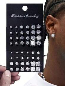 24-30-72pcs/Set Minimalist Punk Geometric Circle, Square, Heart Zirconia Stud Earrings For Men, Glamorous Party, Festival, Vacation, Music Event, Couple, Party, Date, Gift, Casual Wear - 彩色 - 查看 2