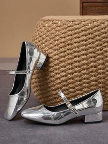Zapatos de tacón bajo cuadrado con punta cuadrada y textura metálica plateada - 3cm - Plateado - Ver 5