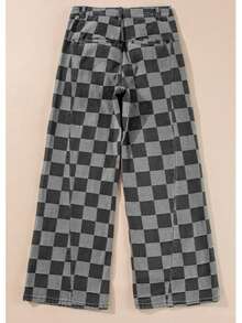 Checkered Zipper Pocketed High Waist Wide Leg Jeans - Màu xám đen - Xem 4