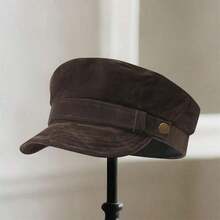 Vintage Octagonal Beret Hat Stylish Metal Buckle Belt Decorated Newsboy Cap Suede Captain Sailor Hat For Outdoor Daily Use - 棕色 - 查看 3
