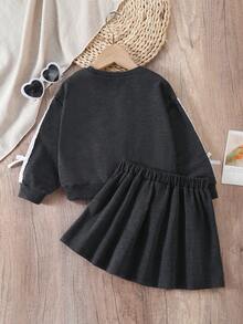 2pcs/Set Girls Vintage American College Style Round Neck Ruffle Bow Embroidered Loose Long Sleeve Sweatshirt And Pleated Mini Skirt, Spring/Autumn - Grey - View 3