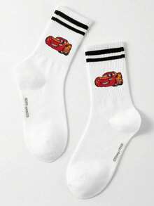 Disney 1 Pair Cars Graphic Mid-Calf Socks For Men, Cute Cartoon Pattern, Odor-Resistant Breathable Casual Sports Socks With Stripes, Suitable For Students/Adults As Gifts Or Daily Wear - White - View 3