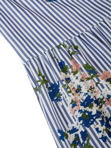 女士条纹印花系带纽扣中长连衣裙，带领子和短泡泡袖