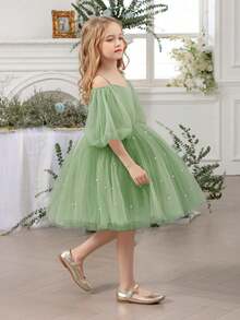 Tween Girl Mint Green Spaghetti Strap Petal Sleeve Bow Beaded Mesh Party Dress, Elegant Princess Dress Suitable For Girls Birthday Party, Prom, Wedding Flower Girl, Bridesmaid, Graduation - Mint Green - View 4