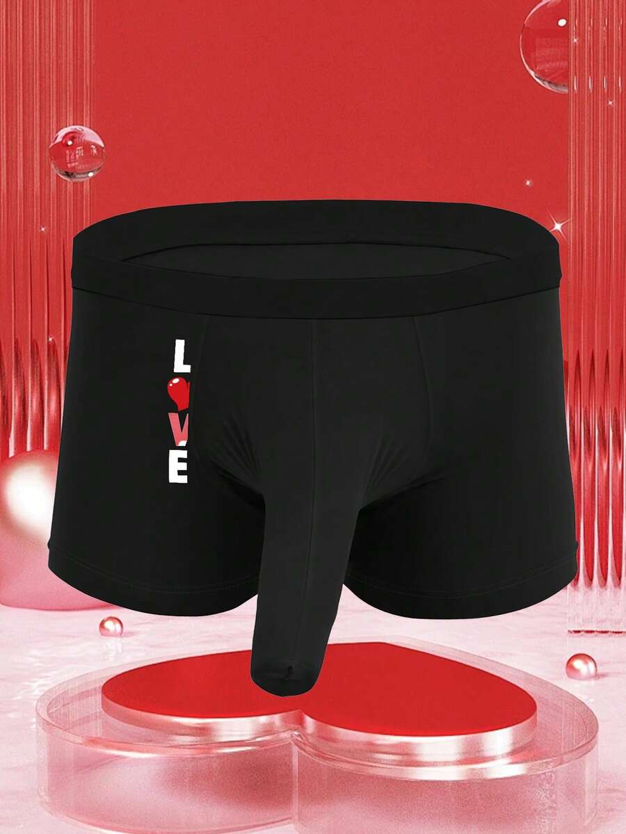 情人节男士黑色字母爱心印花大象囊袋透气弹力三角裤 - 黑色 - 查看 1