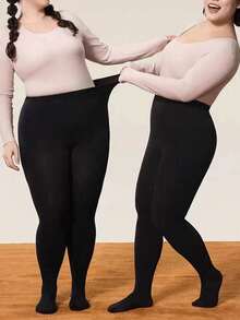 1 Pair Plus Size High Waist Leggings For Women, High-Quality Soft & Comfortable, Warm For Autumn/Winter Indoor Wear - Black - View 3