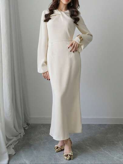 1pc Solid Color Casual Elegant Woven Fabric New Long Sleeve Dress, Women's Daily, Vacation, Travel, Spring/Autumn