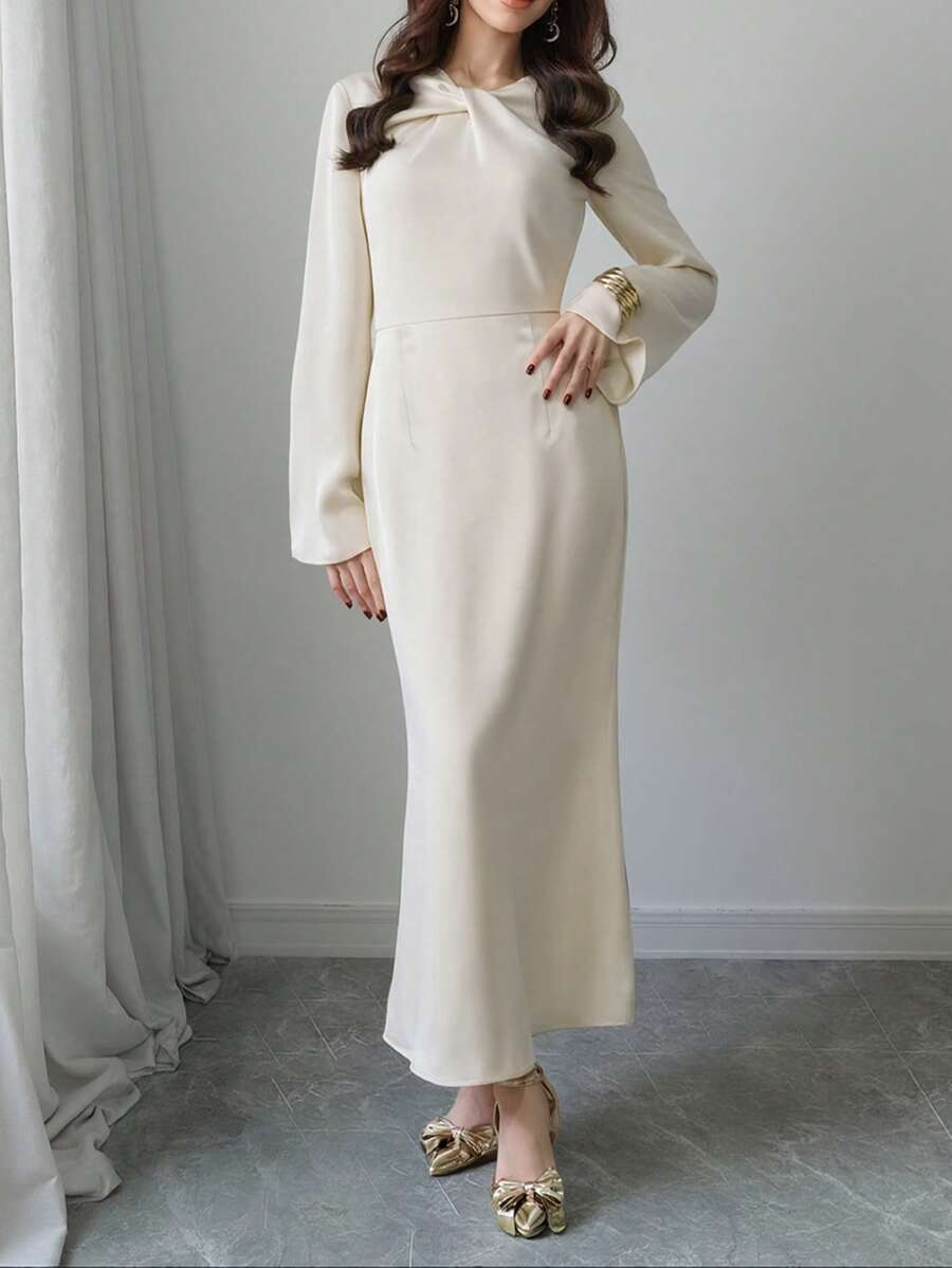 1 件纯色休闲优雅梭织面料新款长袖连衣裙，女士日常、度假、旅行、春秋季 - 白色 - 查看 1