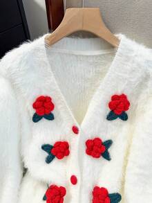 JIANHU Áo len cardigan lông mới mùa xuân dành cho nữ, cổ chữ V, thêu nút cổ điển, áo khoác ngoài thời trang - Đỏ - Xem 7