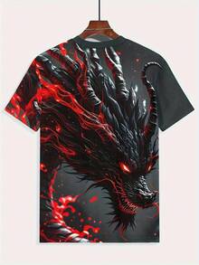 Men's Magma Dragon 3D Print T-Shirt - Short Sleeve Round Neck Casual Summer Tee With Black & Red Dragon Scale & Flame Design, Lightweight Breathable Shirt For Outdoor Activities, Gaming & Fantasy Events - Dragon Tattoo-Like Graphic Top, PLUS SIZE - 混合色 - 查看 4