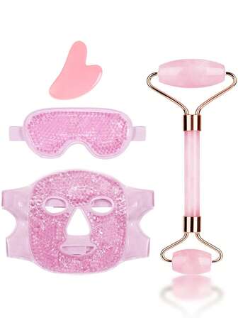 4件套面部护理套装，包含凝胶面膜、凝胶眼膜、树脂刮痧板和树脂双头按摩滚轮，送给家人和女朋友的美容礼盒