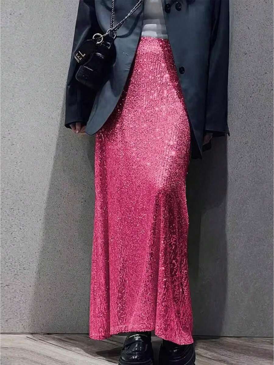 Women's Shiny Sparkly Sequin Maxi Skirt Glitter High Waist Stretchy Long Skirts Night Out Bodycon Party Clubwear - 玫紅色 - 查看 1