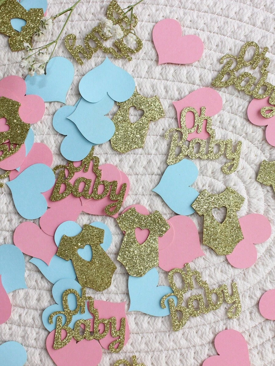 100pcs/Set Gender Reveal Party Blue & Pink Heart Glitter, "Oh" Letter Confetti - Multicolor - View 1