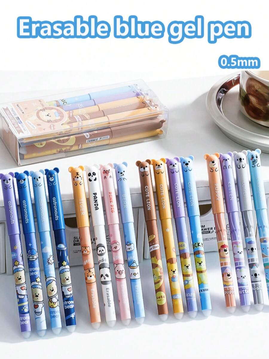 4pcs Cute Animal Park Erasable Blue Neutral Pens, Smooth Blue Ink 0.5mm Office Stationery, Student Supplies Erasable Pen - Blue - View 1