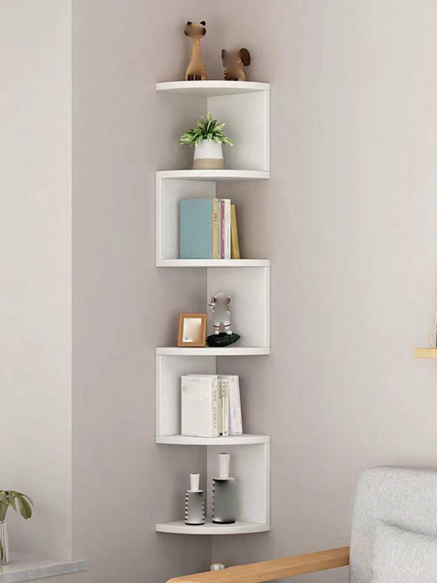 1pc Wall Mounted Corner Shelf, Bookshelf, No Drilling Required, Storage Rack For Bedroom, Living Room, Corner - White - View 1