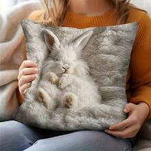 1pc Cute Rabbit Print Cushion Cover - Realistic Angora Rabbit Print, Soft Velvet Fabric Cover, Suitable For Sofa, Bed, Chair Decor (Inner Pillow Not Included) - Beige - View 7