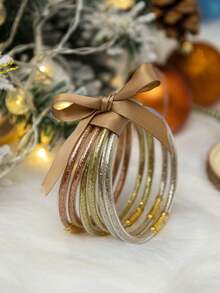 5pcs Cute And Sweet Colorful Glitter Jelly Bangle With Bow Tie, Bracelets Stack Perfect For Party And Daily Use - Multicolor - View 13