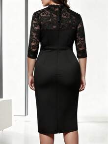 HOMEYEE Vintage Lace Patchwork Stand Collar 3/4 Sleeve Bodycon Dress, Elegant Office Lady Business Casual Wear, Plus Size Black Summer - 黑色 - 查看 2