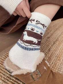 4 Pairs Vintage Cartoon Thick Warm Wool Crew Socks, Simple Japanese Style Versatile Slouch Socks For Winter - Multicolor - View 5