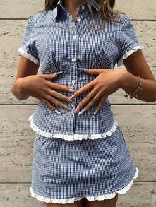Women's Casual Chic Spring/Summer New Sweet & Spicy Blue & White Plaid Set, Short Sleeve Cinched Waist Shirt + Bodycon Mini Skirt, Lace Trim Design, Youthful Girly Summer Outfit, Fitted 2-Piece Set, Collegiate Style - Multicolor - View 4