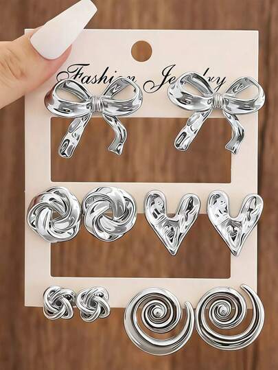 5 pares de pendientes de botón con elementos de lazo, corazón y espiral, adecuados como regalos de joyería para familiares y amigos, aptos para uso diario