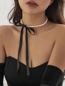 1pc Fashionable Vintage French Velvet Faux Pearl Bowknot Necklace Jewelry - 黑與白 - 查看 1