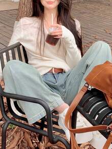 Áo len dệt kim cổ chữ V dài tay ôm vừa vặn cho nữ mùa thu/đông, đơn giản, giản dị, thích hợp mặc hàng ngày, đi làm, áo dài tay - Màu be - Xem 5