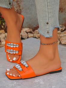Giày sandal quai ngang đính đinh tán thời trang, mũi vuông, kiểu dáng slip-on dành cho thanh thiếu niên, mùa hè. - trái cam - Xem 4