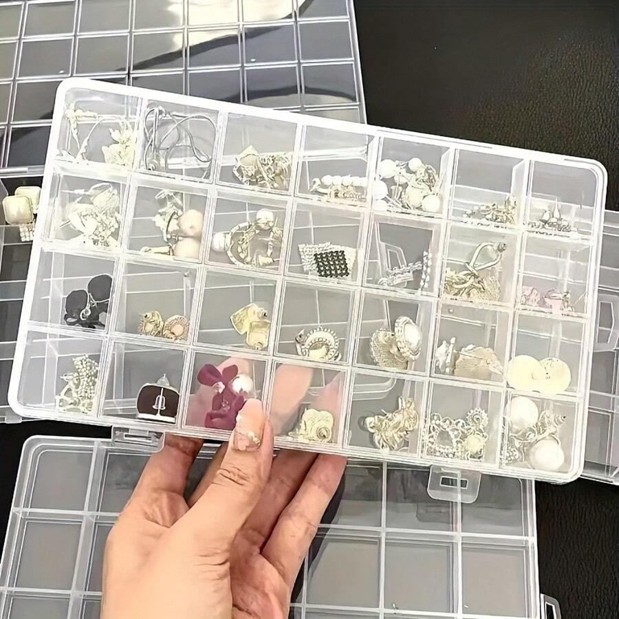 28-Grid Storage Box With Lid - Multifunctional Storage Solution For Jewelry, Hardware, And Small Items - Durable Plastic, Press-Type Closure, Practical Hook, Jewelry Storage Box - Trong suốt - Xem 1