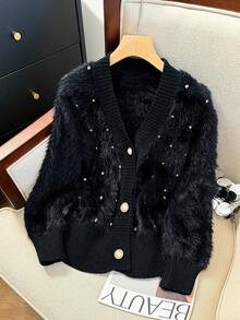 Stylish Fur Trim Rhinestone Embellished Cardigan, Suitable For Autumn/Winter Black - Black - View 3
