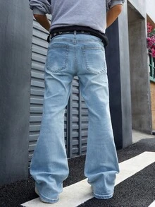 Men's Slim Fit Flared Leg Jeans Light Wash Stretch Denim Pants Y2K Retro Streetwear Bell Bottom Style - 薄荷藍 - 查看 7