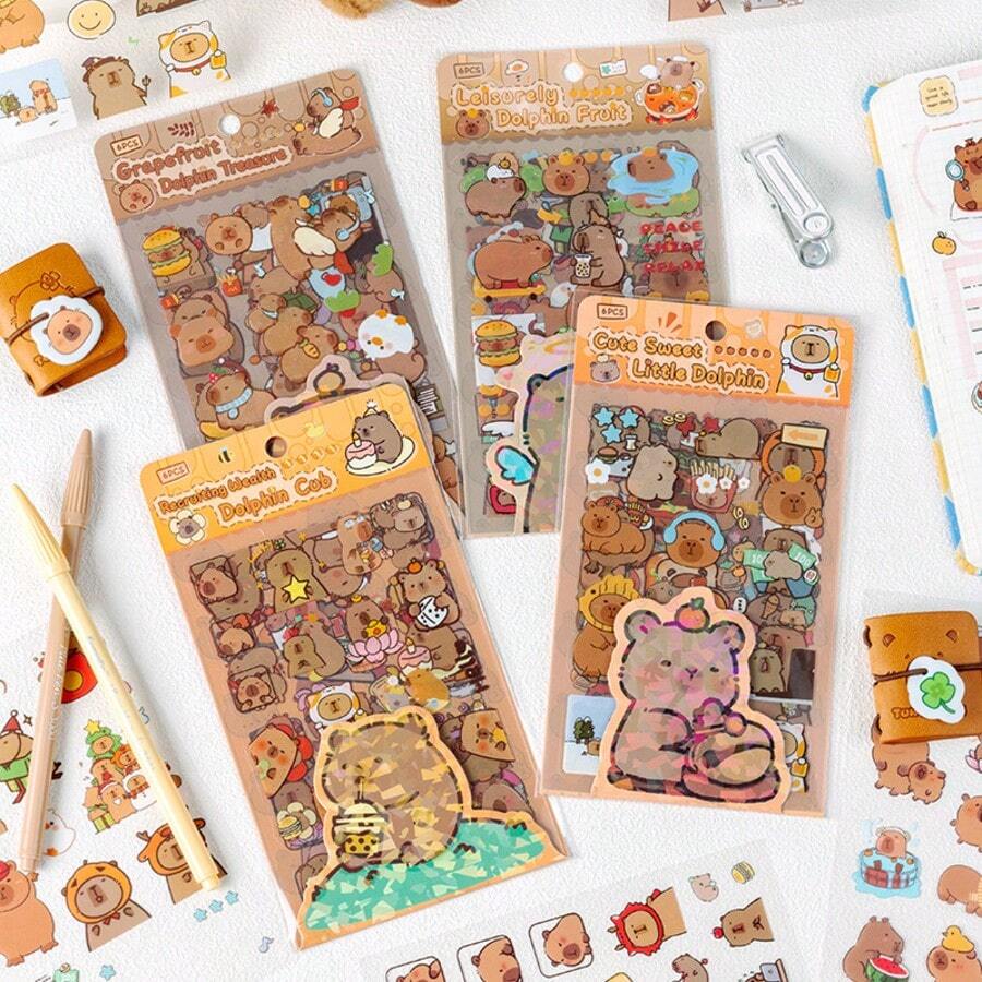 6pcs Happy Capybara Journal Stickers, Cartoon Journal DIY Material - DIY Craft Decoration, Suitable For Phones And Accessories, Fun Design Self-Adhesive Stickers, Easy To Use, Durable Stickers, Small Tool Accessories, Decorations Suitable For Scrapbooks, Journals, Planners, Phone And Tablet Decorations, Easy-To-Tear And Easy-To-Stick Stickers, Ideal For Decorating Various Items, Sticker, Seal, Sticker Book, Squeeze