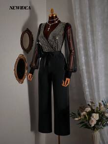 Elegant Women's Deep V Neck Wide Leg Jumpsuit With Sequin Embellished Top, Belted Knot Waist And Flowy Pants Luxury Party Outfit For Fall Winter Layering And Holiday Events - Black - View 7