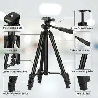 1 stativ för professionell videoinspelningskamera, lämplig för selfies, videoinspelning, fotografering, livestreaming och vloggning, lämplig för hemmet, utomhusbruk och resor