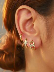 6 pezzi Set di orecchini eleganti con quadrifoglio e forma geometrica a C in zirconia cubica, accessori di gioielleria di moda, regali di lusso per donne, stili multipli, adatti per uso quotidiano, festival, appuntamenti, vacanze, regali