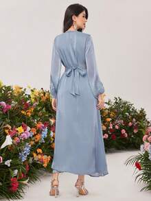 Elegant Cardigan Collar Belted Maxi Dress With Bishop Sleeves And Appliques Perfect For Special Occasions - Dusty Blue - View 2