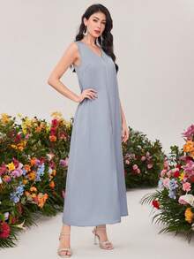 Elegant Cardigan Collar Belted Maxi Dress With Bishop Sleeves And Appliques Perfect For Special Occasions - Dusty Blue - View 6
